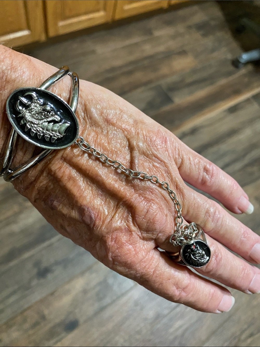 Silver Dragon Chain Cuff Bracelet with Ring Connector